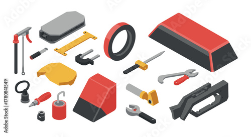 Isometric tools and components in red and gray featuring modern design elements