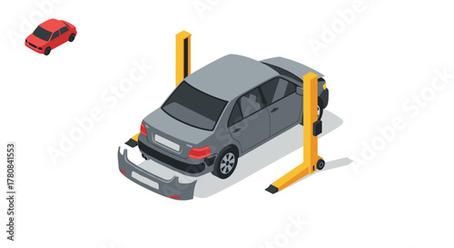 Isometric car repair scene with hydraulic lift and front bumper detail