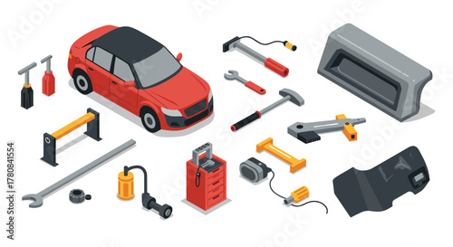 Isometric auto repair tools and red car model on white background for workshop design