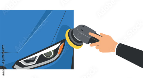 Hand using polishing tool on blue car for smooth finish