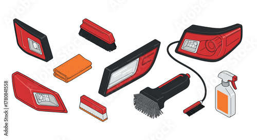 Automotive cleaning tools and car light parts in isometric design