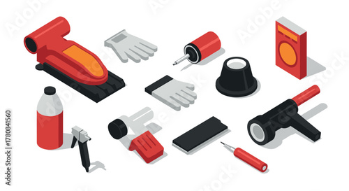 Auto detailing tools set in isometric style for professional car care and maintenance