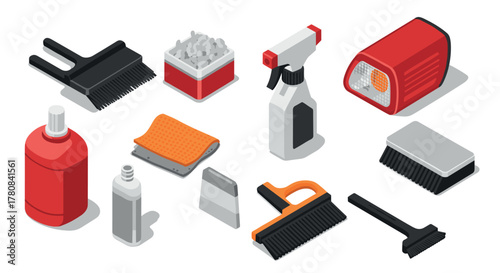 Isometric cleaning supplies set with brushes, bottles, and scrubbers
