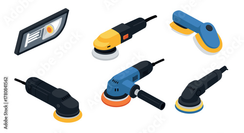 Isometric car polishing tools and buffers set on white background