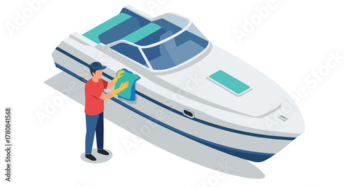 Person cleaning speedboat in isometric style on white background