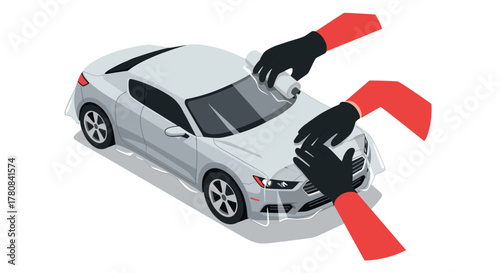 Protective film application on car surface with precision and care