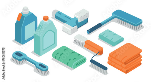 Isometric cleaning tools and supplies with brushes, detergents and towels