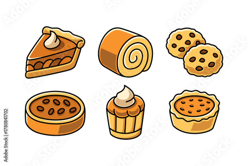 Bakery desserts colorful cartoon icon set with pie, chiffon, cookies, cupcake and tart. Sweet pastry food vector illustration collection for bake shop, cafes, restaurant, menu, snacks