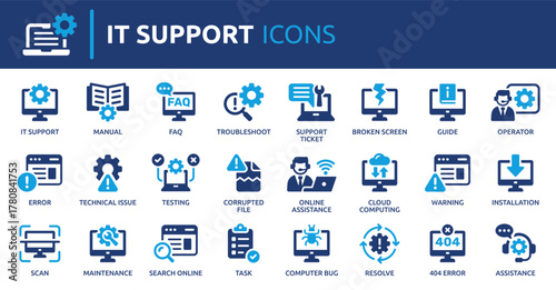 Collection of IT support and troubleshooting icons, including error alerts, maintenance, online assistance, installation, cloud computing, FAQ and more.
