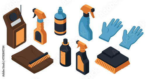 Isometric car cleaning supplies set with detailing tools and spray bottles