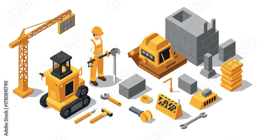 Isometric construction equipment and worker set for building projects