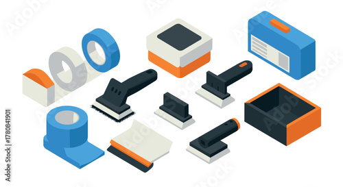 Isometric home improvement tools tape, scraper, and brush set in blue and orange