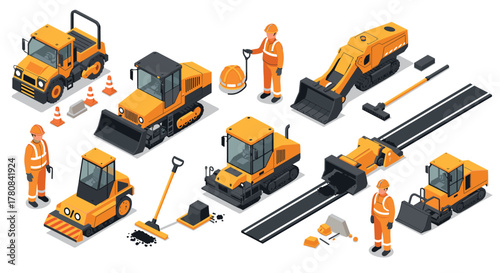Isometric construction equipment and workers set with vehicles and machinery