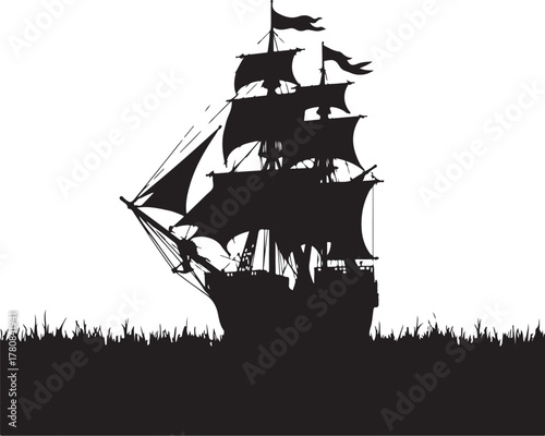Black silhouette of a sailing ship with tall masts and sails