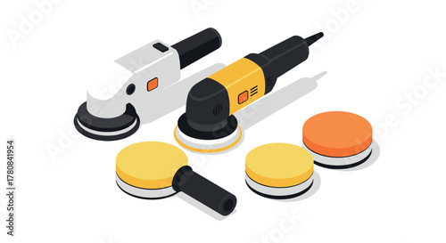 Isometric electric polishers and buffing pads on white background