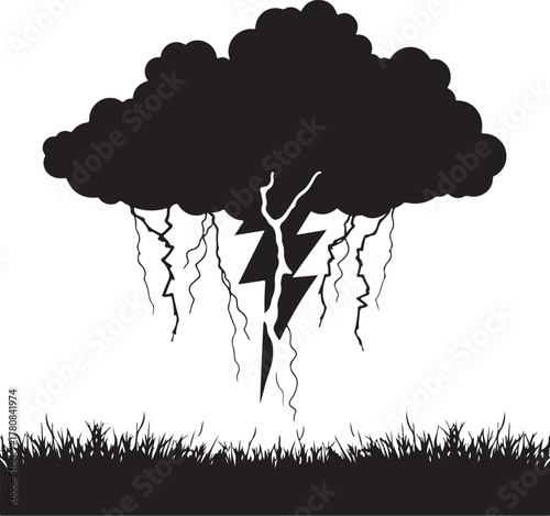 Black silhouette of a stormy cloud with lightning and rain over grass