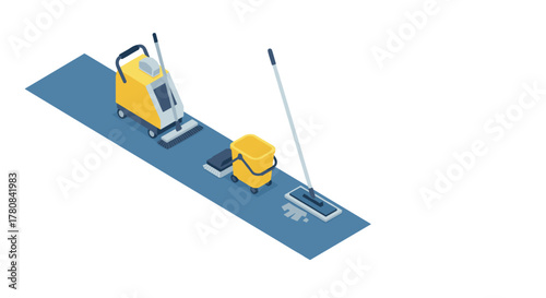 Isometric cleaning equipment on blue background mop, bucket, floor scrubber