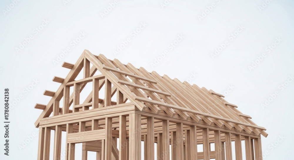 Obraz premium A wooden frame structure with a gabled roof, possibly a house or a shed, against a plain white background.