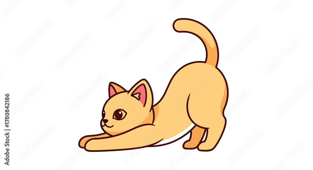 Naklejka premium Cute cartoon ginger cat in a stretching pose. Adorable playful kitten character isolated on a white background for design