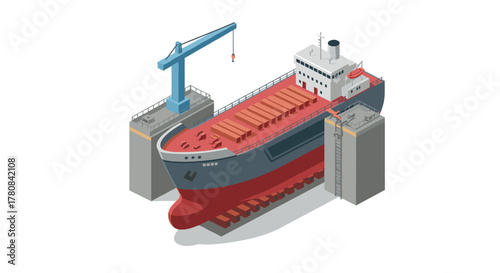 Isometric dockyard scene with cargo ship and crane in dry dock