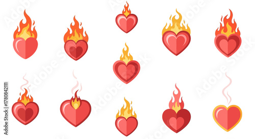 Set of vibrant burning heart and smoking heart illustrations, capturing themes of passionate love, intense desire, emotional fervor, and heartfelt connections