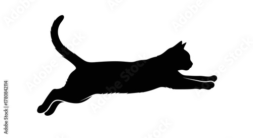 Simple vector graphic of a black cat silhouette in a dynamic jumping or leaping pose, isolated on a clean white background, showcasing feline grace and agility