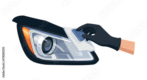 Hand cleaning car headlight with microfiber cloth and glove on white background