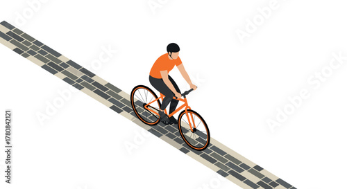 Isometric cyclist riding on a paved road in minimalist style