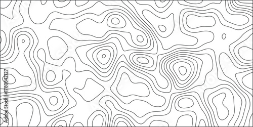 Abstract topographic map contour lines forming organic shapes and patterns on a white background, representing elevation changes and terrain features in a stylized graphic design