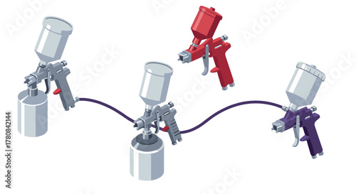 Isometric airbrush tools in various colors with connecting cables for creative projects
