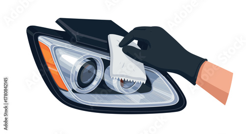 Cleaning car headlight with cloth and gloved hand in flat design