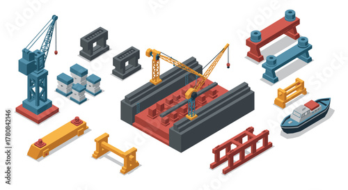 Isometric construction scene with cranes and industrial elements
