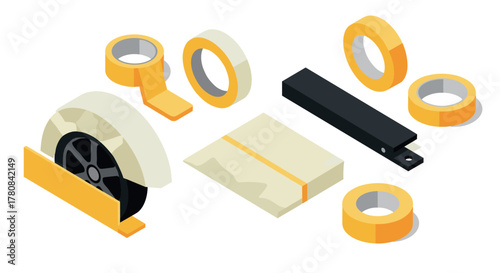 Variety of adhesive tapes and cutter in isometric style on white background