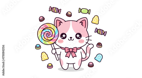 Cute Kawaii Cat Character Holding a Swirl Lollipop Surrounded by Colorful Candies