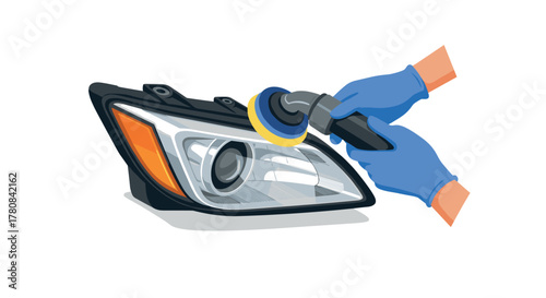 Car headlight restoration with polishing tool and safety gloves in flat design