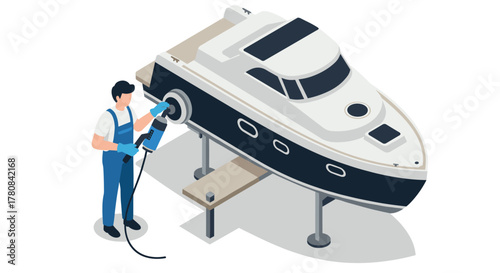 Isometric yacht maintenance scene with mechanic working on boat in workshop setting