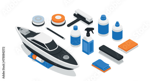 Isometric boat cleaning supplies set with brushes, sponges, and bottles