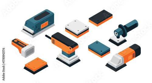 Colorful isometric sanding tools set on white background