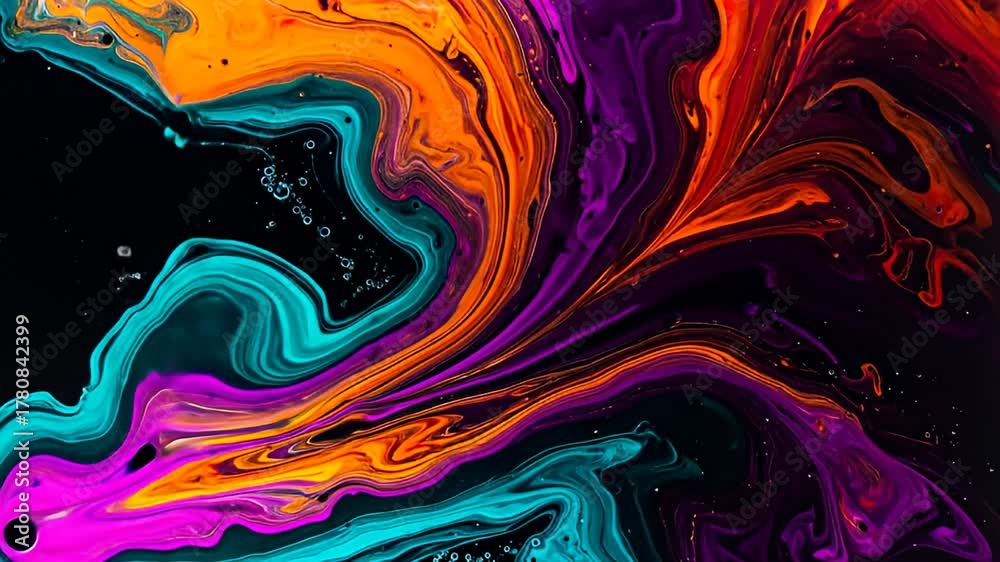 Abstract swirling fluid art with vibrant purple, orange, turquoise on black backdrop