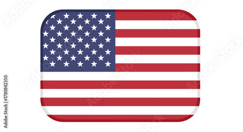 Stylized icon of the United States of America flag with stars and stripes, presented as a glossy button with rounded corners, symbolizing patriotism