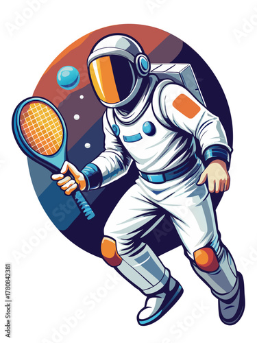 An astronaut holding a racket and hitting a ball in space.