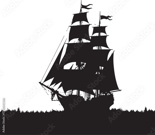 Black silhouette of a tall ship sailing on choppy water