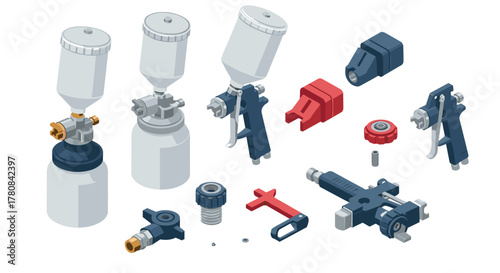 Isometric spray gun parts set with accessories for painting tools and equipment