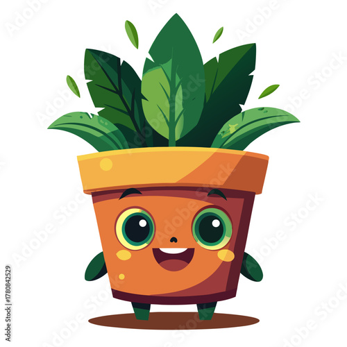 Cute, cheerful anthropomorphic plantpot character.