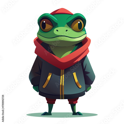 frog character wearing a slightly oversized dark hooded streetwear.