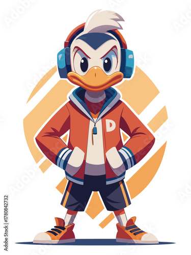 duck mascot in modern streetwear, standing confidently, wearing headphones.