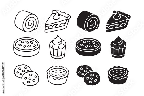 Chiffon, sweet potato pie, mud pie, cupcake, cookies and tart line art and solid icon set. Bakery desserts outline and silhouette element design collection for restaurant, cafes, bake shop merchandise