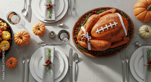 Overhead shot of Thanksgiving table setting with roasted turkey decorated like football, plate, pumpkin, silverware, cranberries, representing festive celebration
