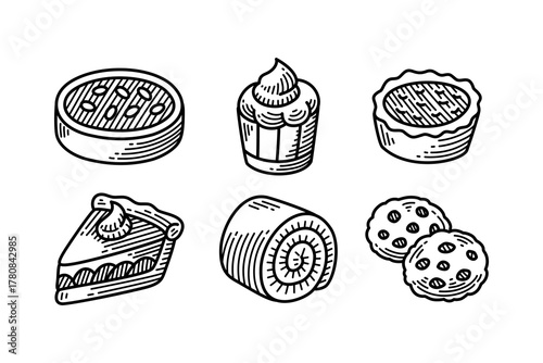 Sweet desserts with Mud pie, cupcake, egg tart, cinnamon pie, chiffon and cookies engraving icon set. Bakery pastry snacks hand drawn element design pack for restaurant, cafes, bake shop merchandise