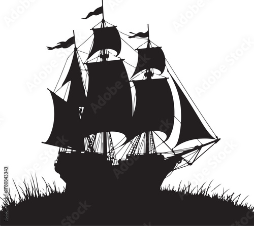 Black silhouette of a tall ship with sails and flags